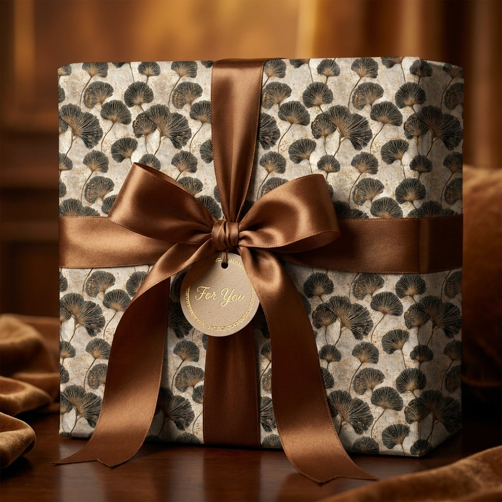 Elegant ginkgo leaf wrapping paper with a brown satin bow on a gift box by Wrapped Studios.