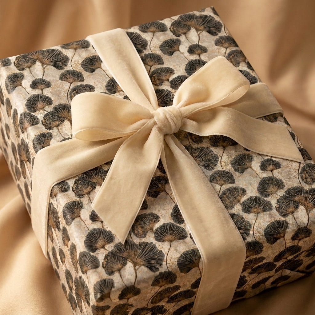 Luxury ginkgo leaf wrapping paper with a cream velvet bow on a gift box by Wrapped Studios.