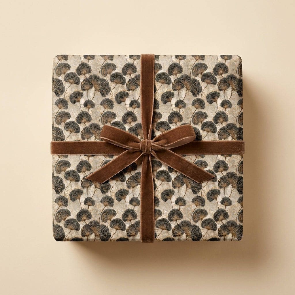 Elegant gold and black ginkgo leaf wrapping paper with a brown velvet bow by Wrapped Studios.