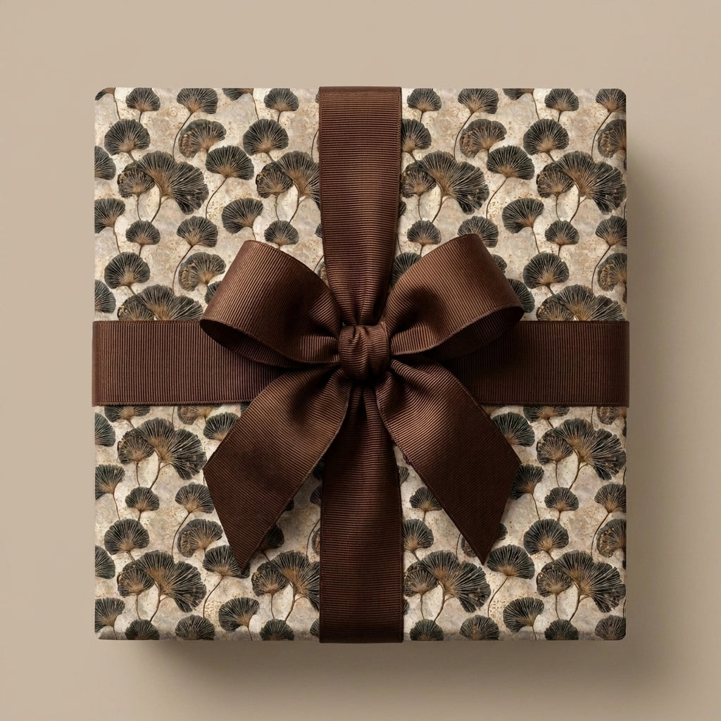 Luxury botanical ginkgo leaf wrapping paper with a brown ribbon bow on a square gift box, by Wrapped Studios.