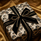 Elegant ginkgo leaf wrapping paper with a black and gold velvet bow, by Wrapped Studios.