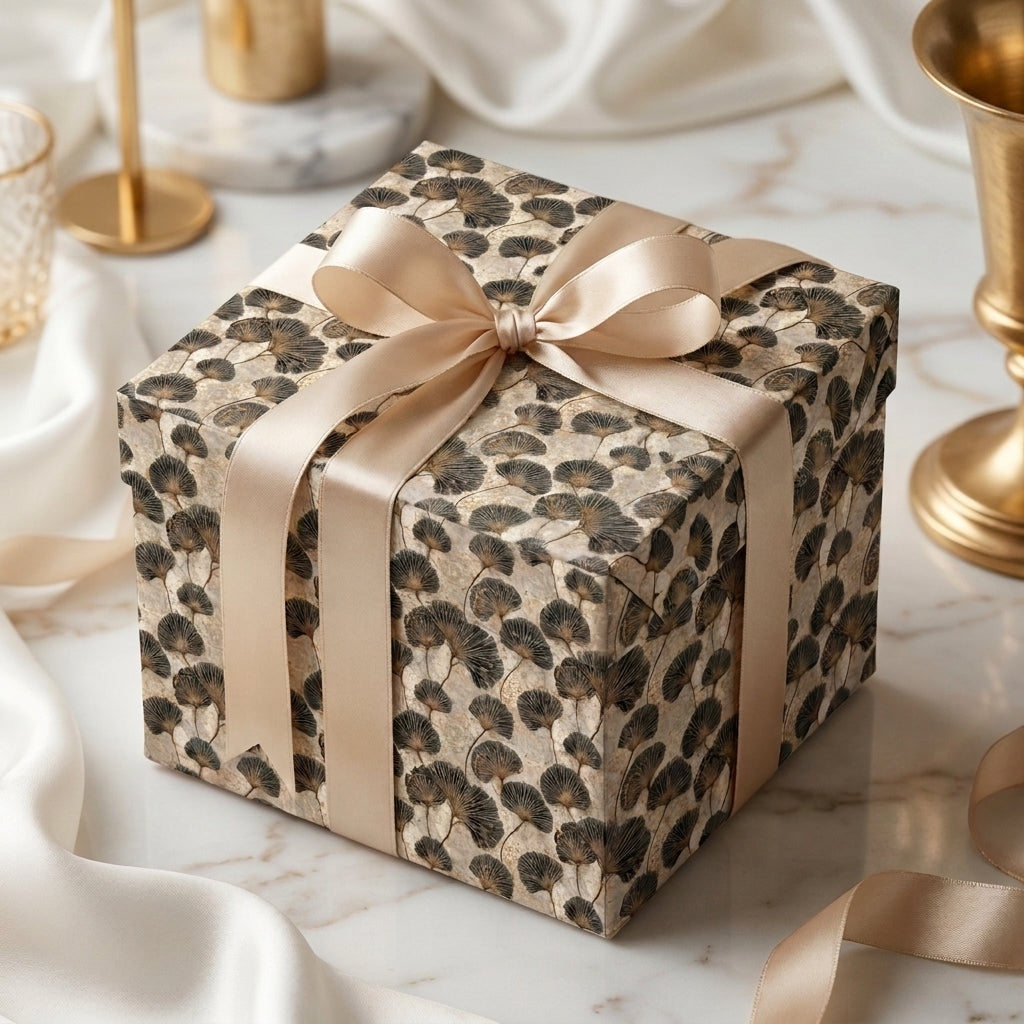 Elegant ginkgo leaf luxury wrapping paper with gold satin bow on a gift box by Wrapped Studios.