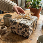 Botanical ginkgo leaf wrapping paper on a rustic gift box with a raffia bow, from Wrapped Studios.