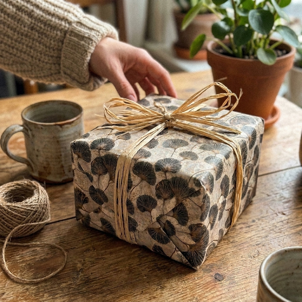 Botanical ginkgo leaf wrapping paper on a rustic gift box with a raffia bow, from Wrapped Studios.