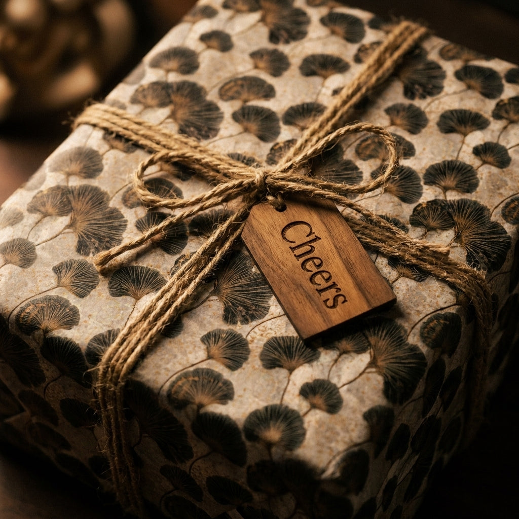 Rustic ginkgo leaf botanical wrapping paper with twine and a wood Cheers tag by Wrapped Studios.