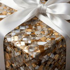 Luxury gift wrap featuring a modern mosaic of gold, marble, and ivory hues with a crisp white ribbon.