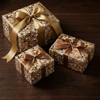 Elegant gold wrapping paper with ribbon bows on presents, Wrapped Studios.