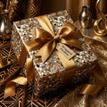Luxury gold mosaic gift wrap with satin ribbon from Wrapped Studios.