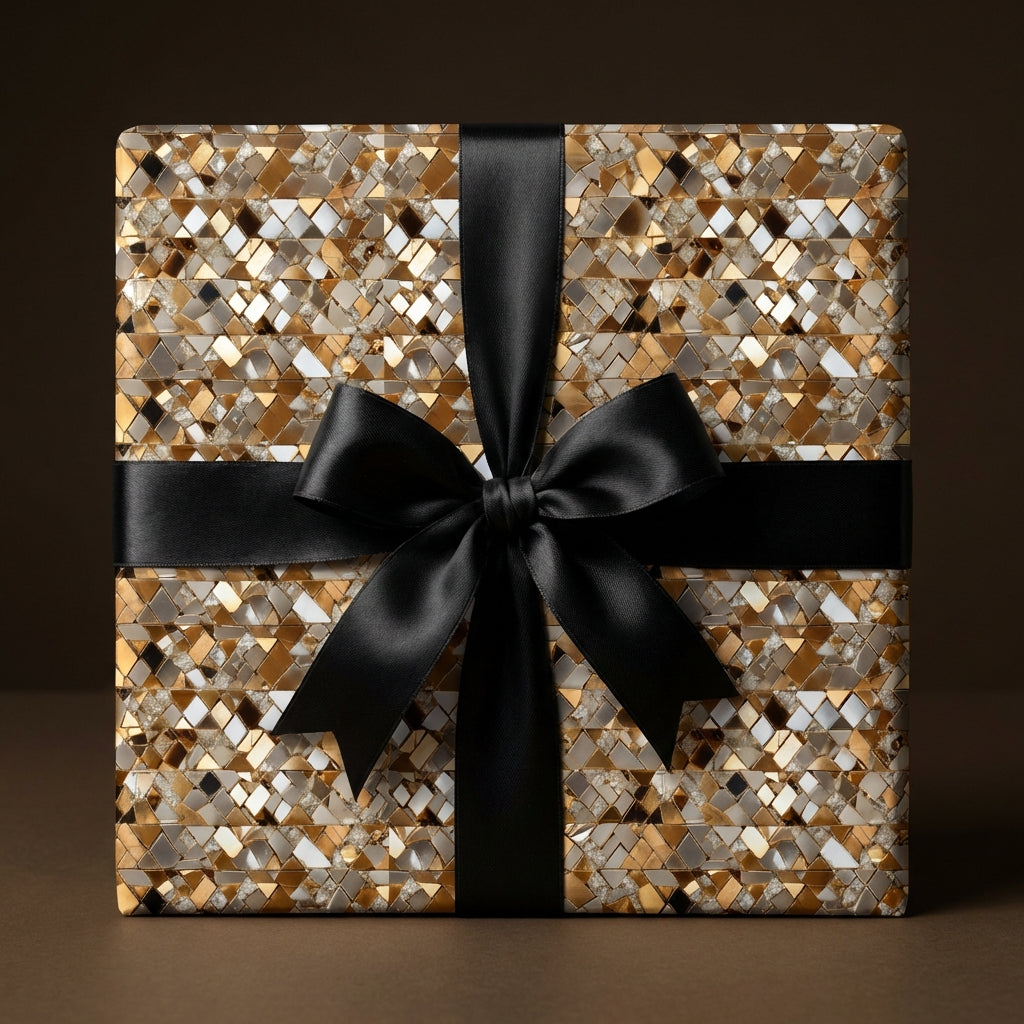 Geometric gold and silver gift wrapping paper with black satin ribbon bow.