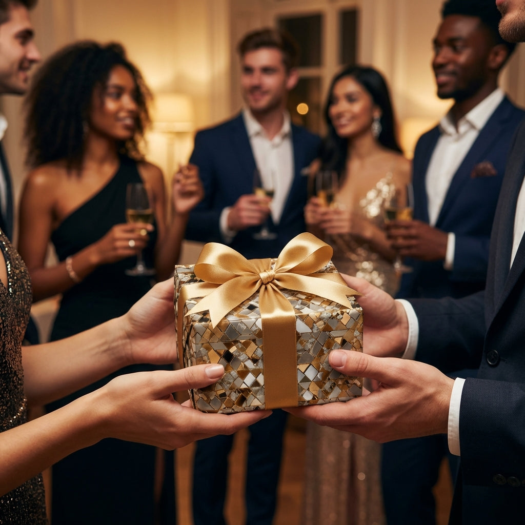 Elegant party gift exchange with mosaic wrapping paper and gold ribbon.
