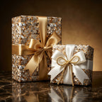 Luxury geometric wrapping paper in gold and silver, with satin ribbons. Wrapped Studios.