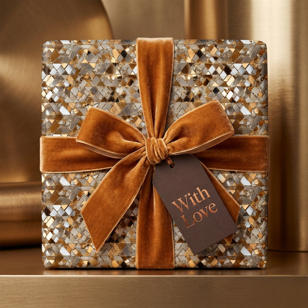 Luxury gold mosaic gift wrap with velvet ribbon and "With Love" tag, from Wrapped Studios.