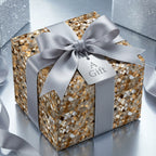 Luxury gift wrapped in geometric gold wrapping paper with a silver bow.