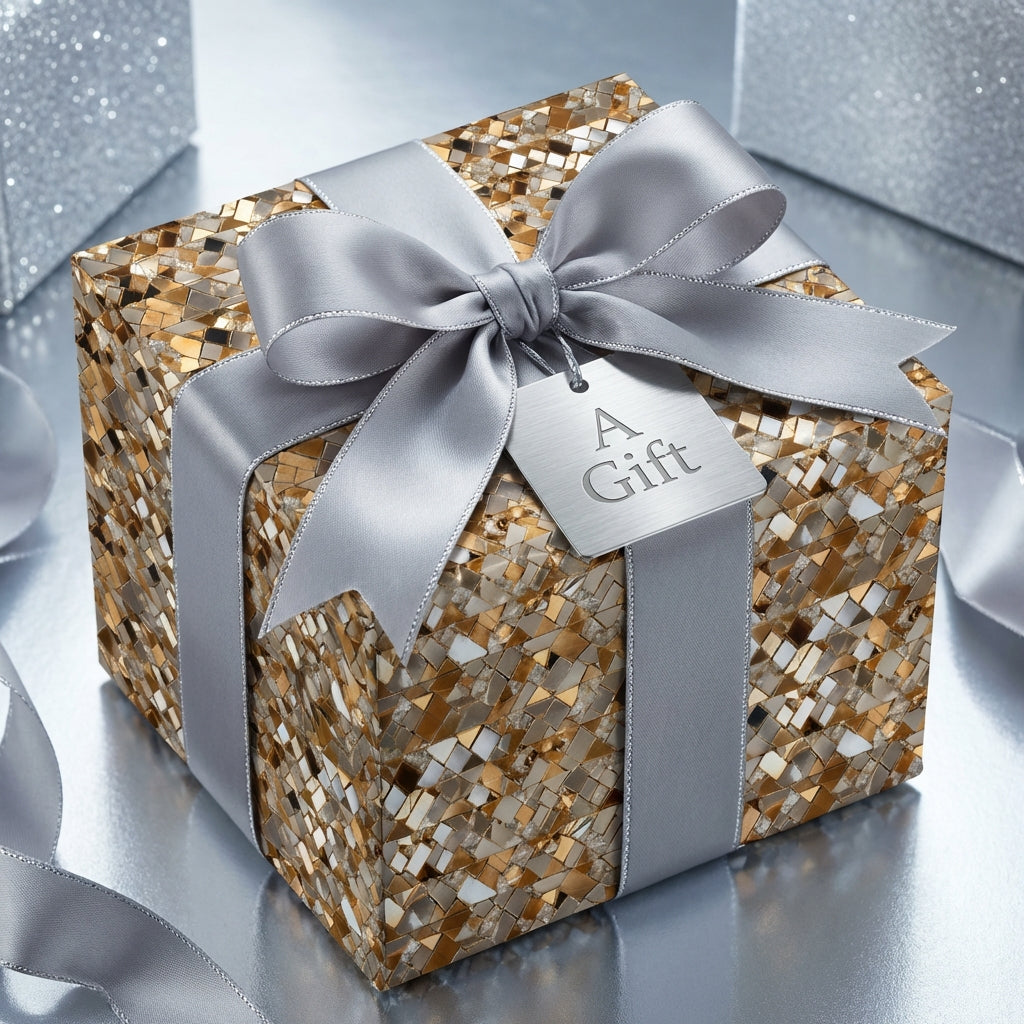 Luxury gift wrapped in geometric gold wrapping paper with a silver bow.