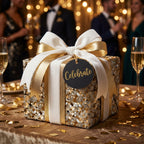 Luxury gold mosaic wrapping paper with white ribbon, perfect for celebrating any special occasion.