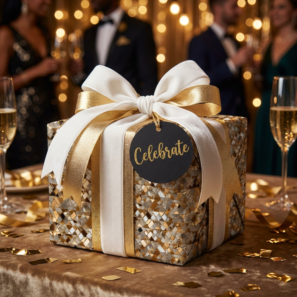 Luxury gold mosaic wrapping paper with white ribbon, perfect for celebrating any special occasion.