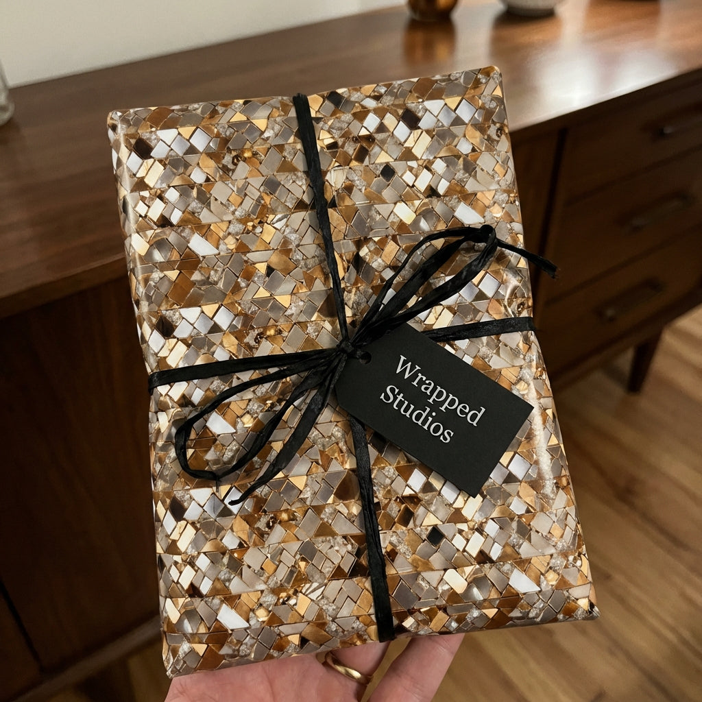 Wrapped Studios luxury gift wrap with abstract geometric pattern and black ribbon.