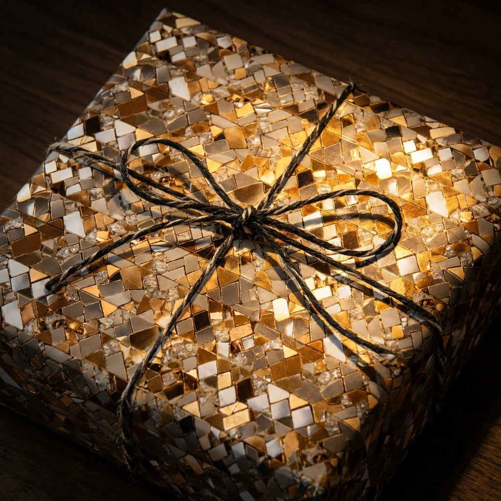 Luxury gold geometric gift wrap, tied with black twine, Wrapped Studios.