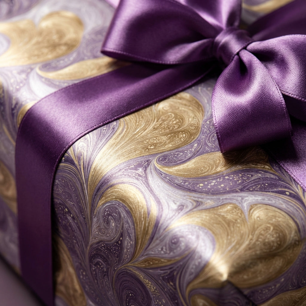 Elegant gift wrapped in swirling purple and gold luxury wrapping paper with a satin ribbon bow.
