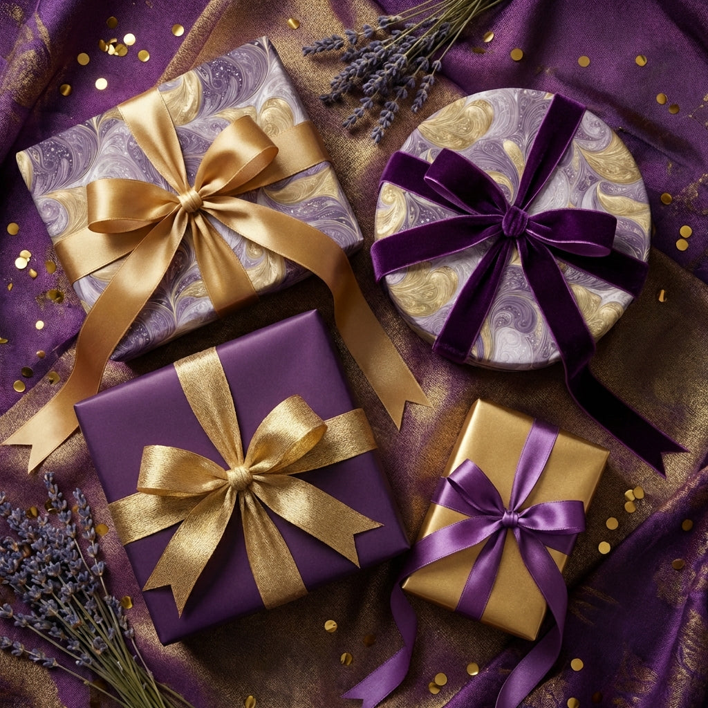 Luxury gift wrap in gold and purple, with decorative bows on a textured backdrop, Wrapped Studios.