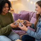Two women exchanging a gift wrapped in marble wrapping paper with a gold ribbon from Wrapped Studios.