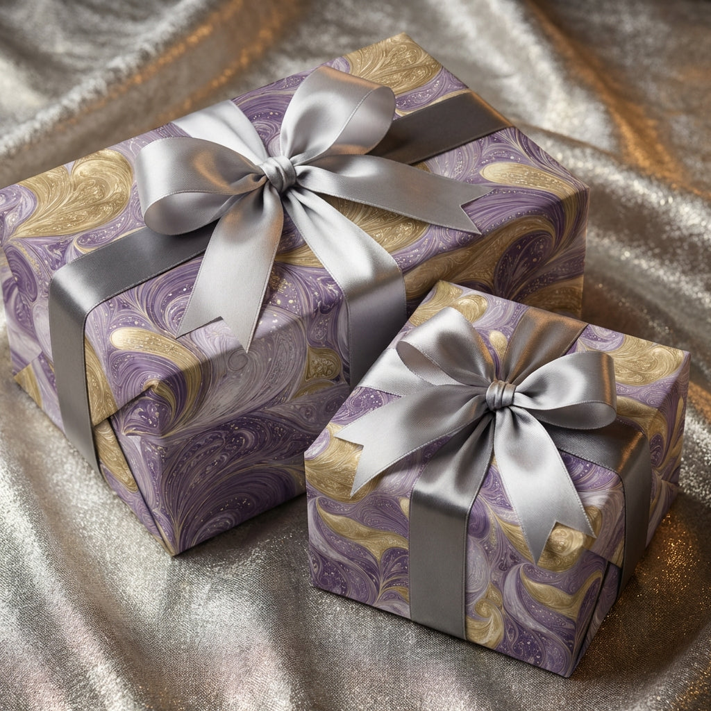 Elegant gifts wrapped in purple and gold marbled wrapping paper with silver satin ribbons.
