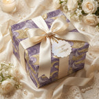 Elegant purple and gold marble wrapping paper with ivory ribbon, perfect for wedding or anniversary gifts.