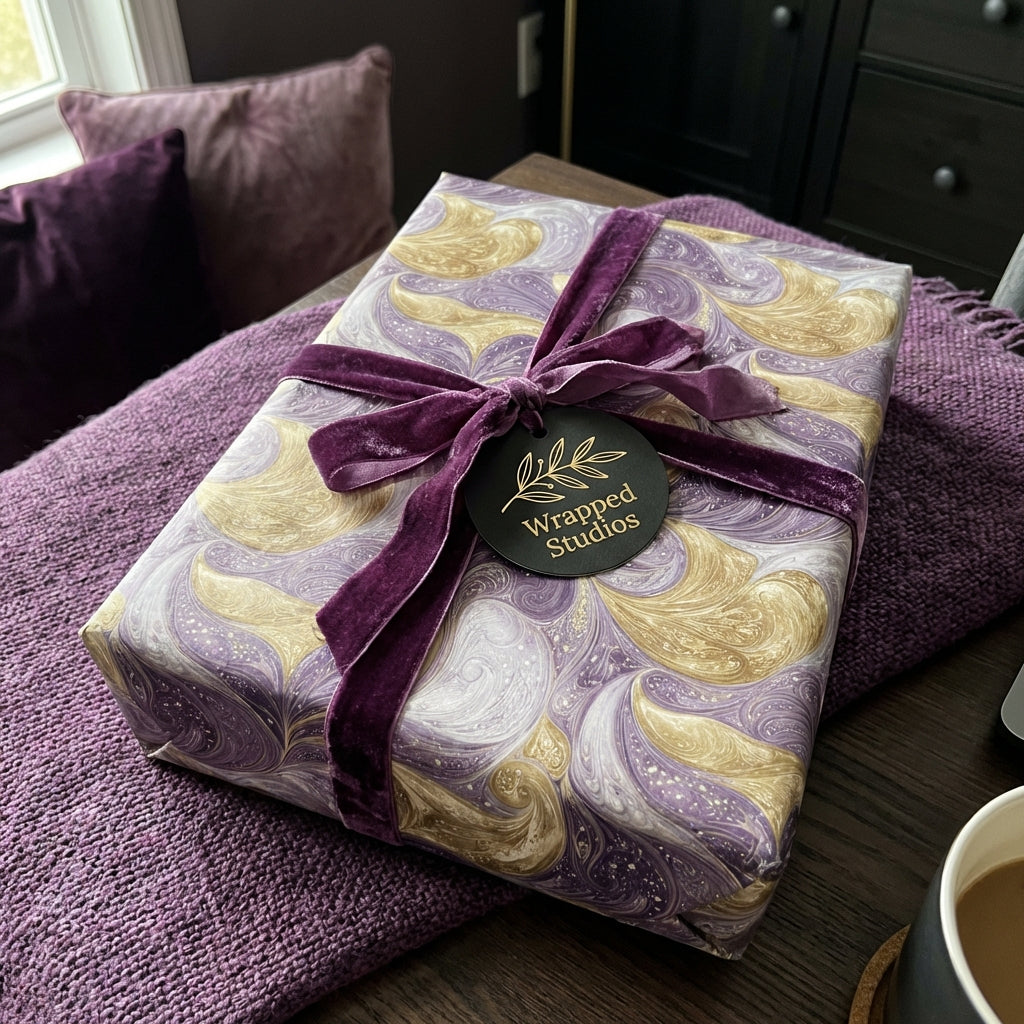 Elegant gift wrapped in purple and gold marbled wrapping paper with velvet ribbon, by Wrapped Studios.