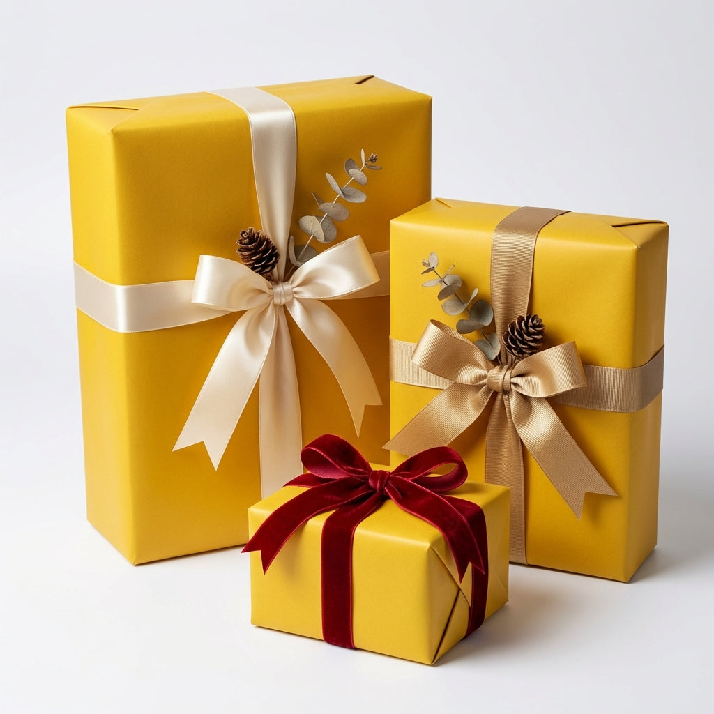 Three yellow gift boxes wrapped with cream, gold, and red velvet ribbon for birthdays or holiday presents.