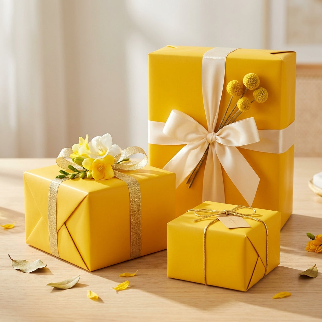 Sunshine yellow gift boxes wrapped with ribbon and floral accents; perfect for birthday, wedding, or baby shower wrapping paper.