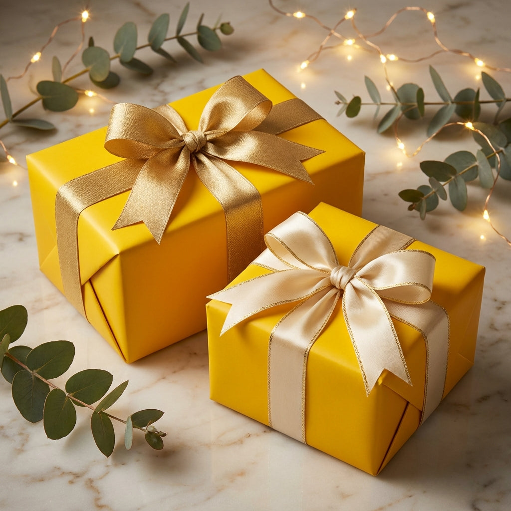 Yellow gift wrapping paper mockup with gold ribbon, perfect for birthday, wedding, or holiday gifts.