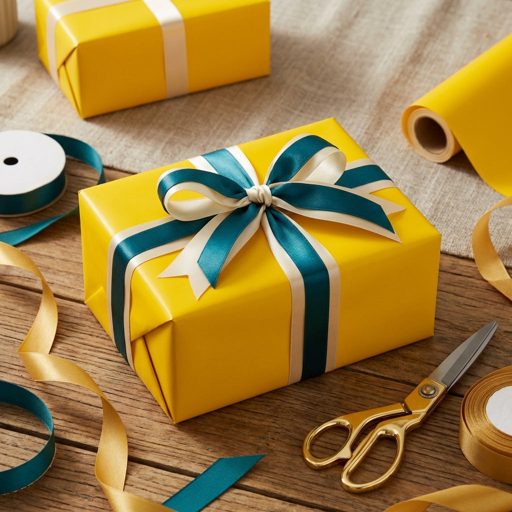Bright yellow gift wrap with teal & cream ribbon on present box; rolls of paper and ribbon around.