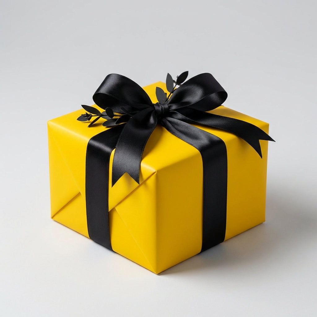Bright yellow gift box wrapped with a satin black ribbon and bow, perfect for modern birthday or holiday wrapping paper.