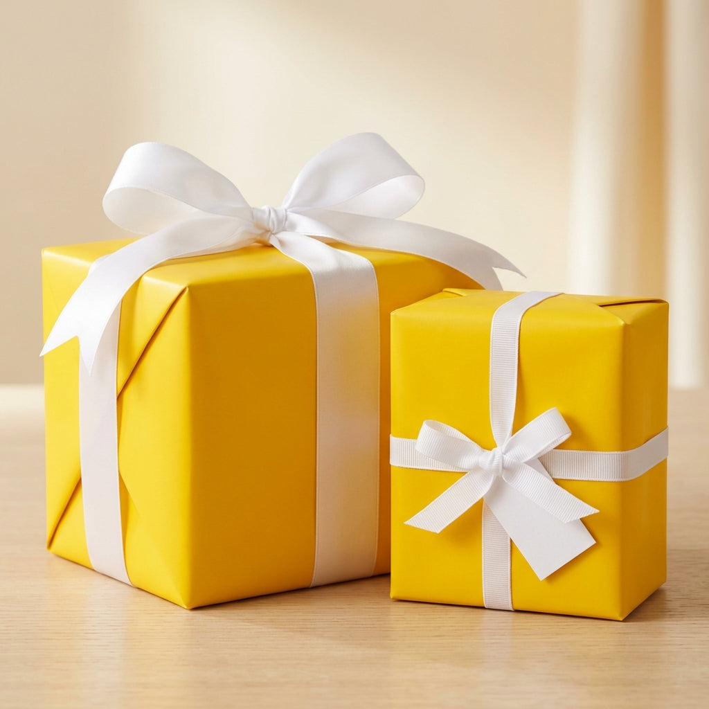 Two yellow gifts wrapped in solid color wrapping paper with white satin ribbons and bows.