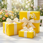 Bright yellow gift boxes wrapped in ivory ribbon, a charming wrapping paper choice for birthdays or summer celebrations.