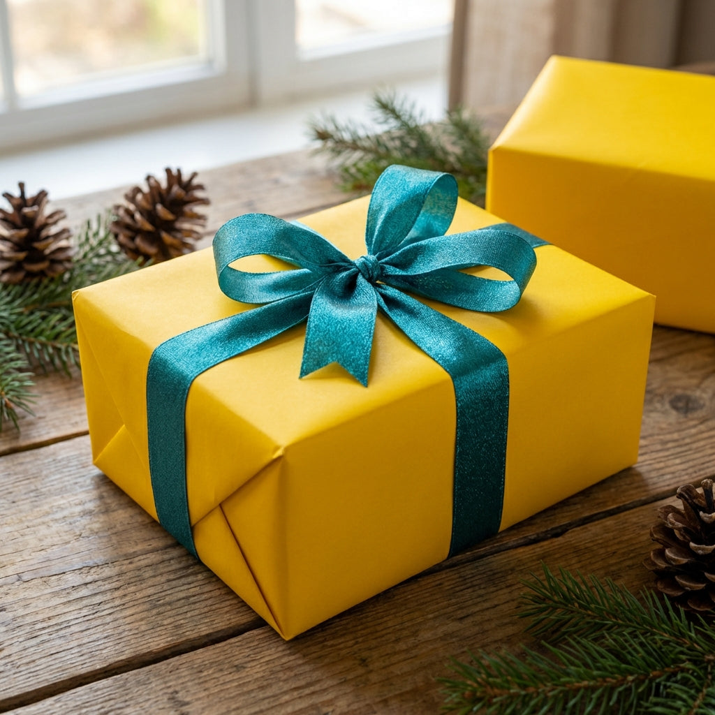Yellow wrapping paper gift with teal ribbon on rustic wood table for Christmas, birthday, or holiday.
