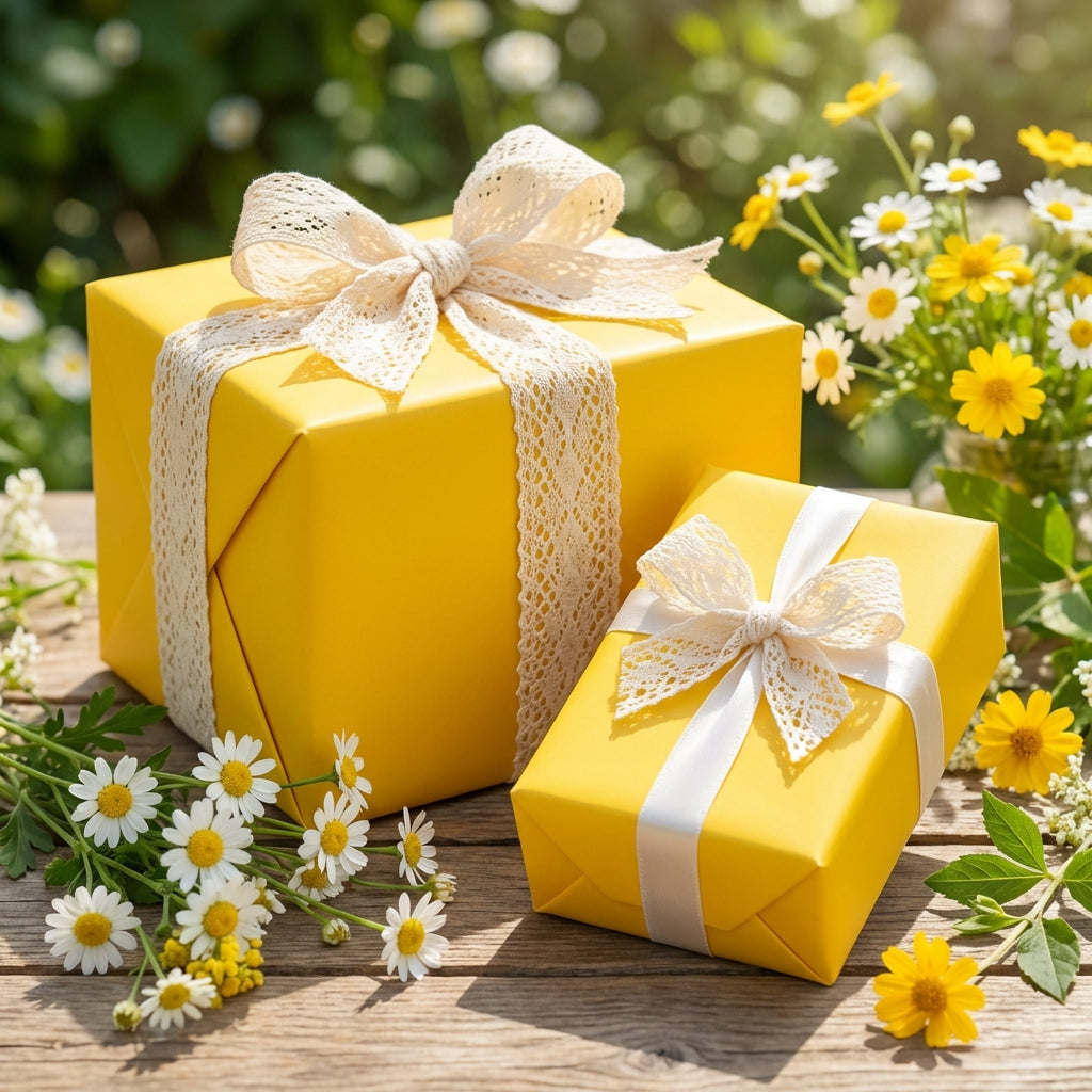 Bright yellow gift boxes wrapped with lace and satin ribbon on wood, perfect for birthday or spring celebration.