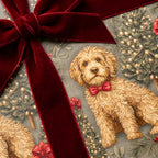 Luxury dog Christmas gift wrap with a goldendoodle pattern and red velvet bow by Wrapped Studios.