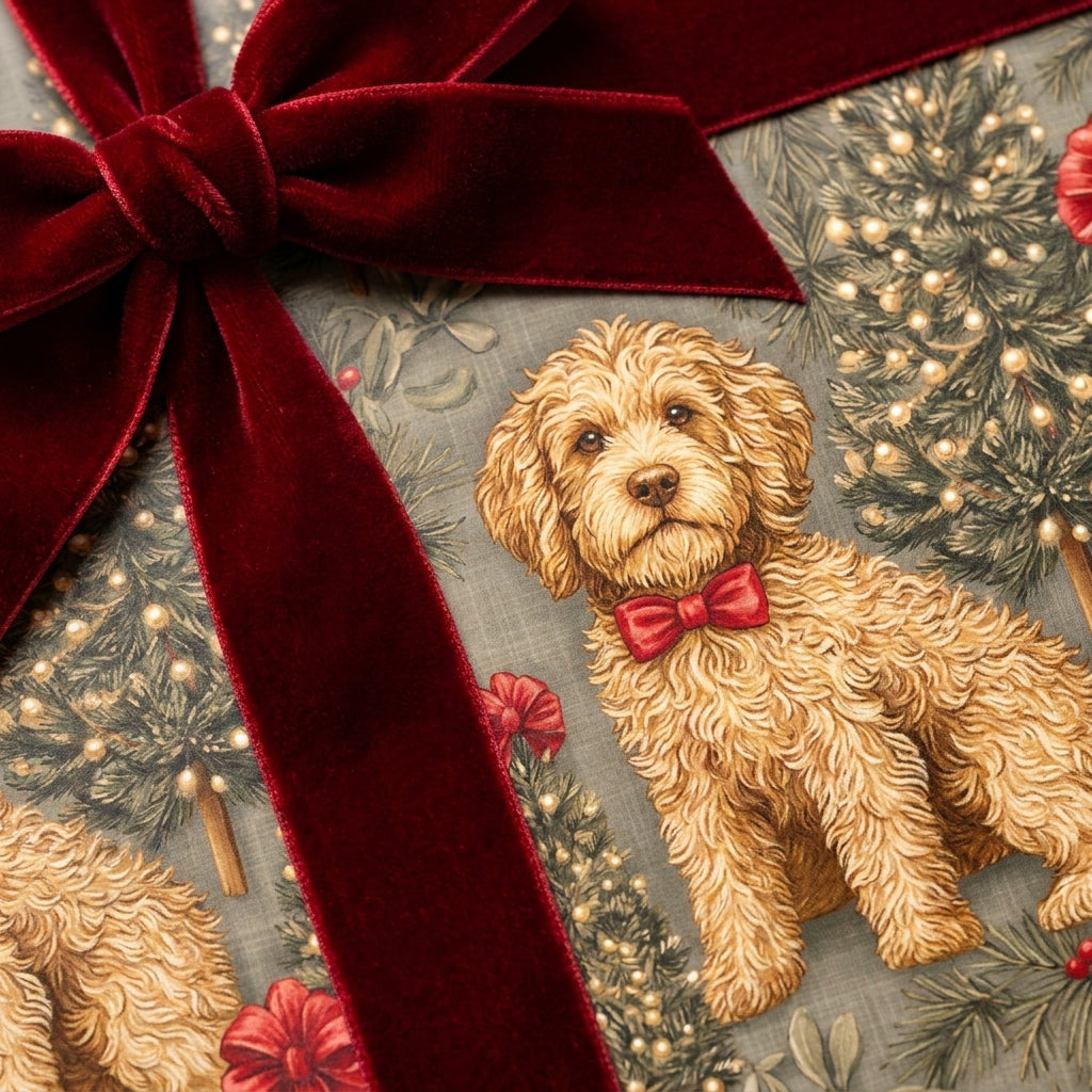 Luxury dog Christmas gift wrap with a goldendoodle pattern and red velvet bow by Wrapped Studios.