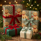 Goldendoodle dog Christmas wrapping paper with red velvet ribbons by Wrapped Studios.