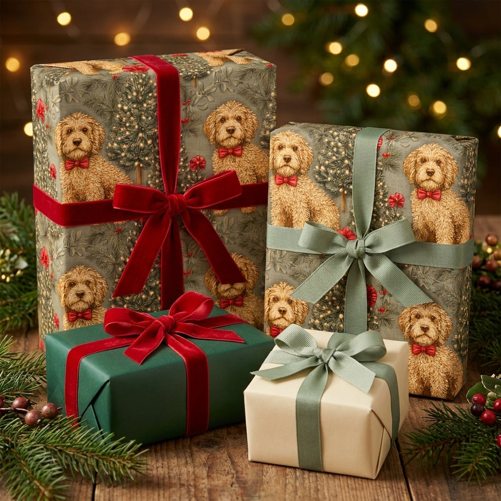 Goldendoodle dog Christmas wrapping paper with red velvet ribbons by Wrapped Studios.