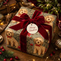 Goldendoodle dog Christmas wrapping paper with a red velvet ribbon and holiday gift tag, by Wrapped Studios.