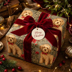 Goldendoodle dog Christmas wrapping paper with a red velvet ribbon and holiday gift tag, by Wrapped Studios.