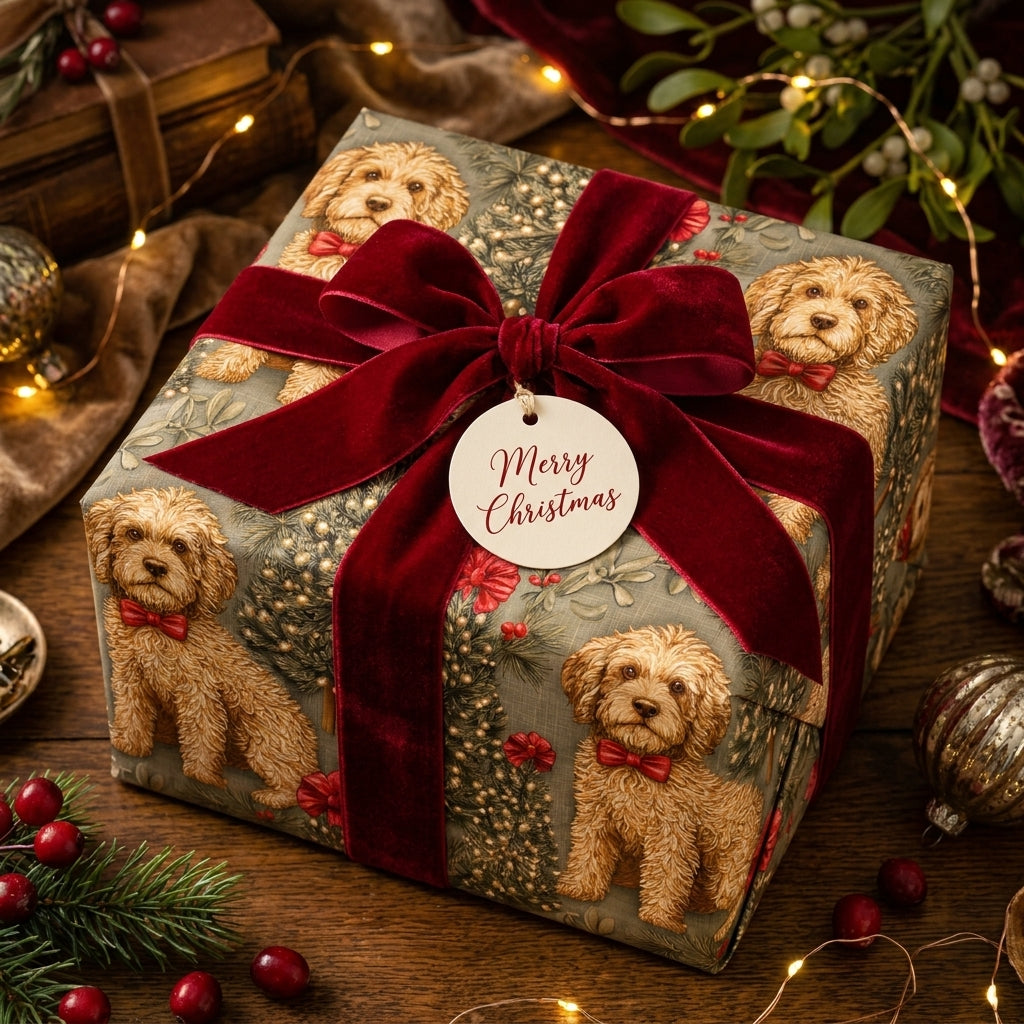 Goldendoodle dog Christmas wrapping paper with a red velvet ribbon and holiday gift tag, by Wrapped Studios.
