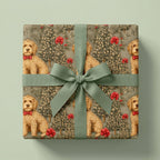 Doodle dog Christmas wrapping paper with festive trees and sage green bow, by Wrapped Studios.