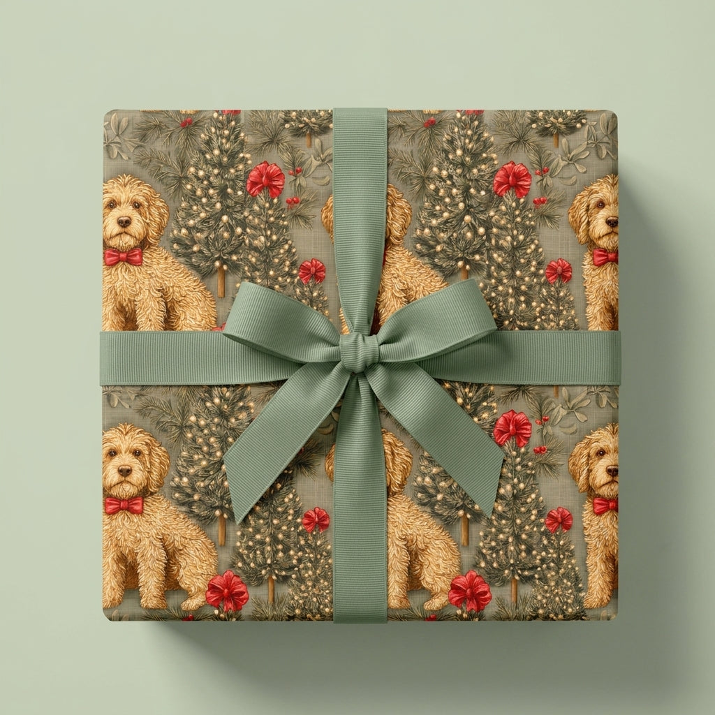 Doodle dog Christmas wrapping paper with festive trees and sage green bow, by Wrapped Studios.