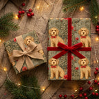 Goldendoodle Christmas wrapping paper with red velvet ribbon on holiday gifts by Wrapped Studios.