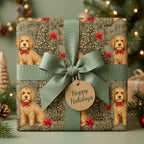 Goldendoodle Christmas gift wrap with sage green ribbon and holiday tag by Wrapped Studios.