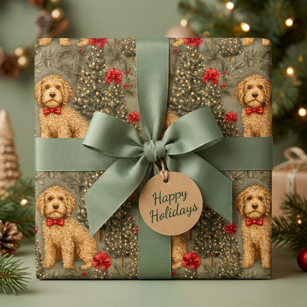 Goldendoodle Christmas gift wrap with sage green ribbon and holiday tag by Wrapped Studios.
