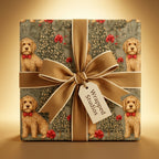 Vintage goldendoodle Christmas wrapping paper with gold ribbon and gift tag by Wrapped Studios.